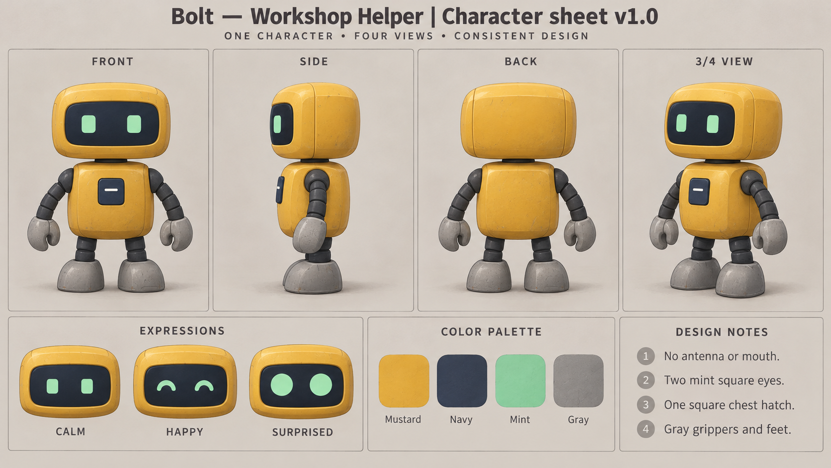 Bolt — Workshop Helper — four views and expressions