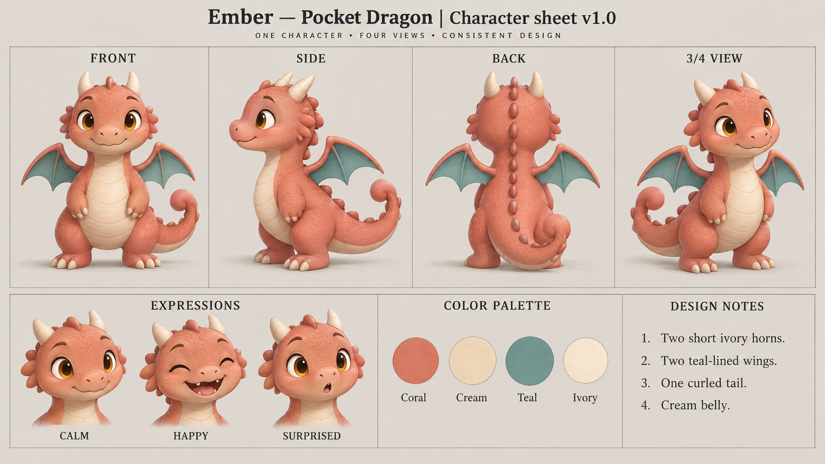 Ember — Pocket Dragon — four views and expressions