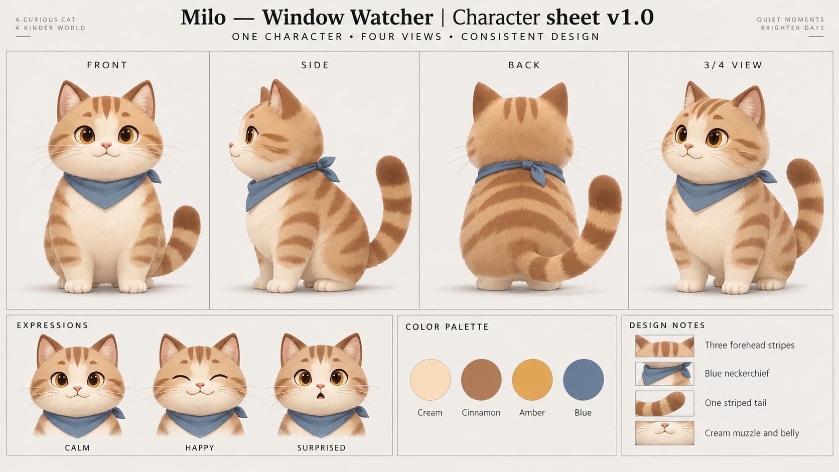 Milo — Window Watcher — four views and expressions
