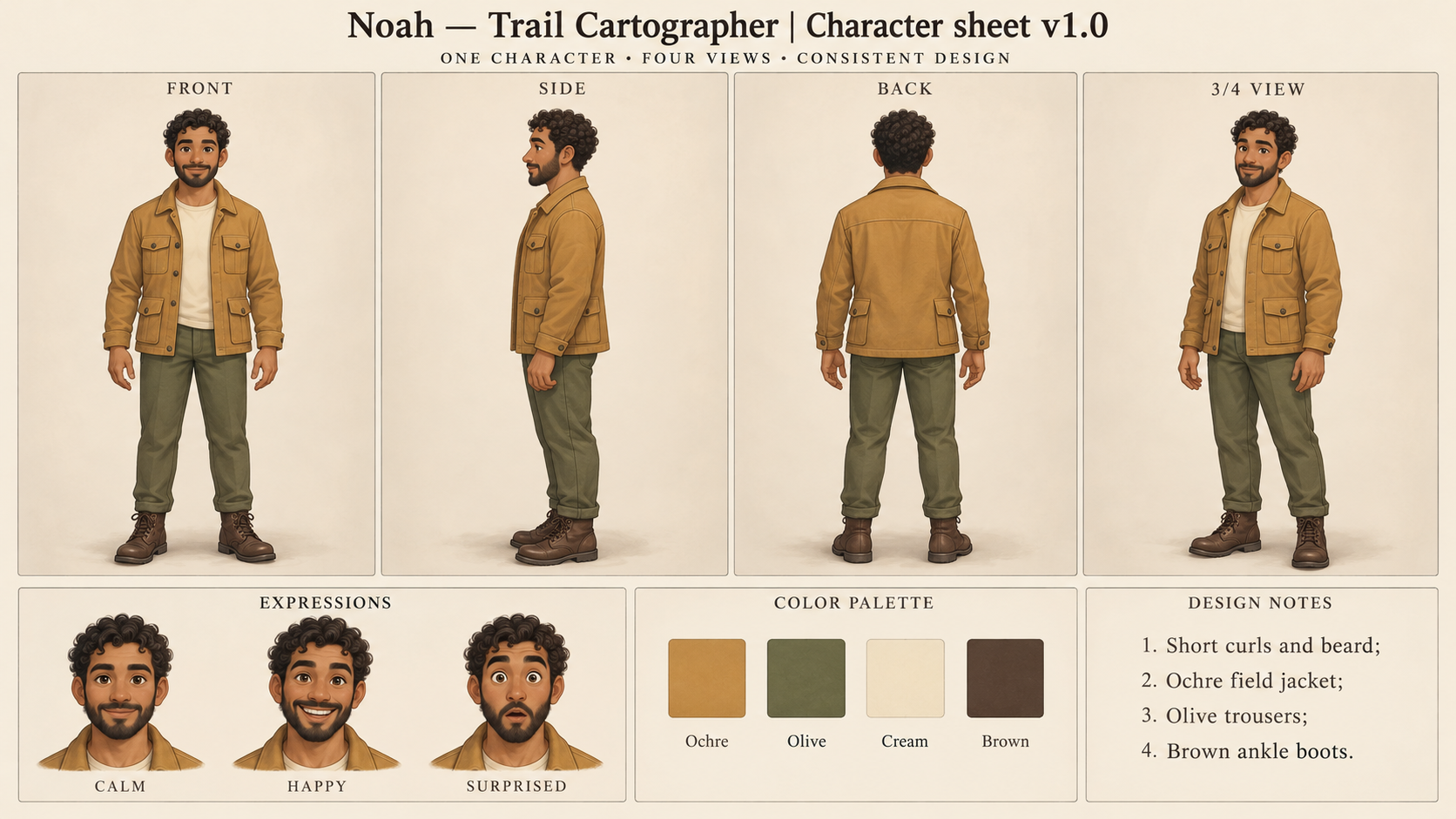 Noah — Trail Cartographer — four views and expressions