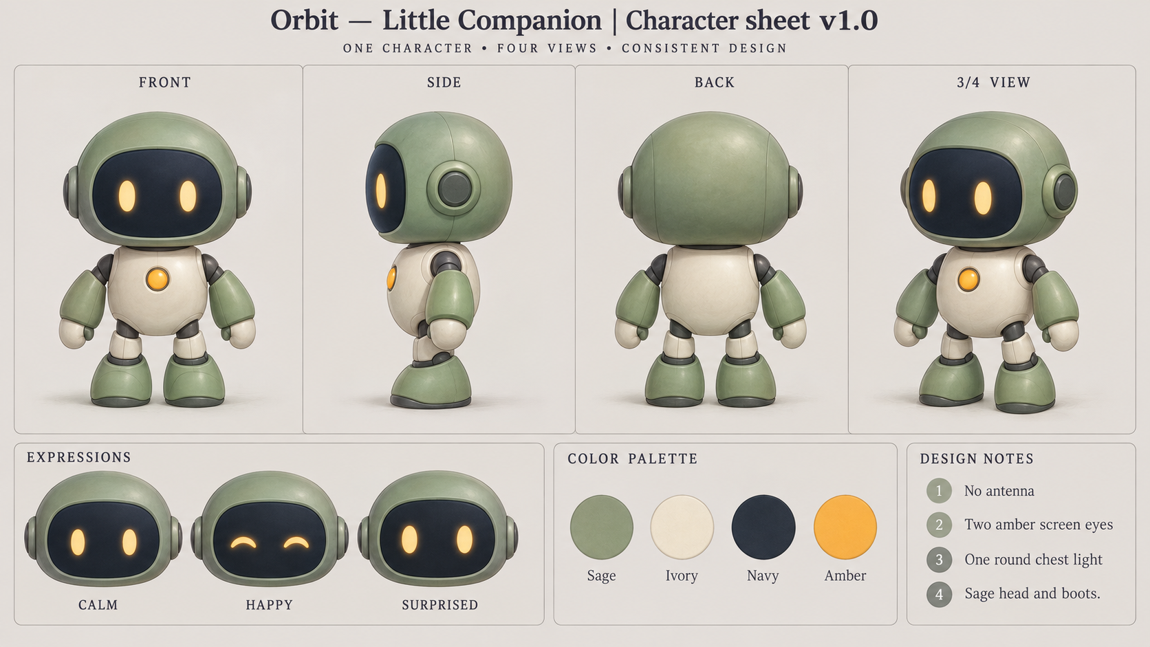 Orbit — Little Companion — four views and expressions