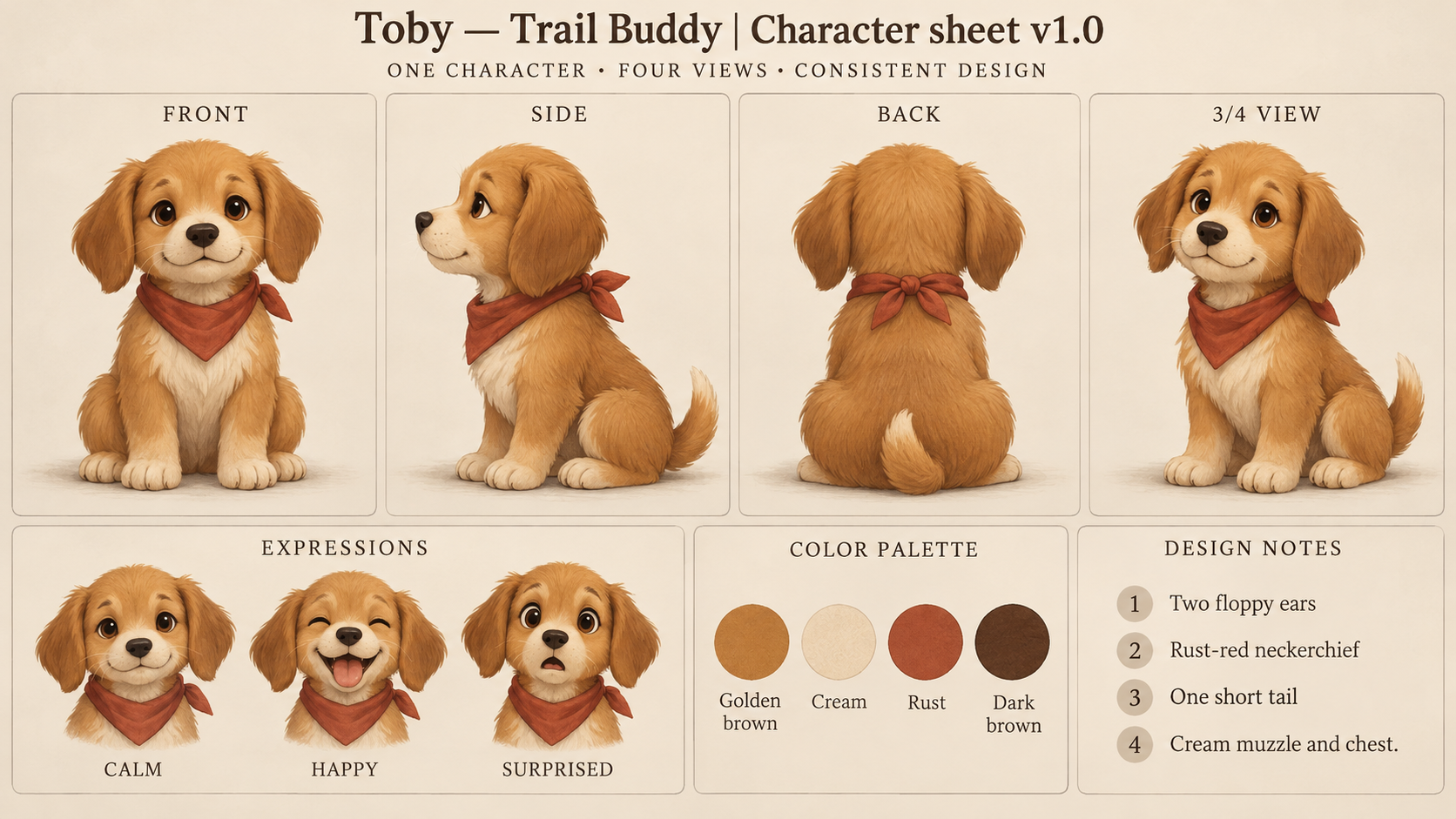 Toby — Trail Buddy — four views and expressions